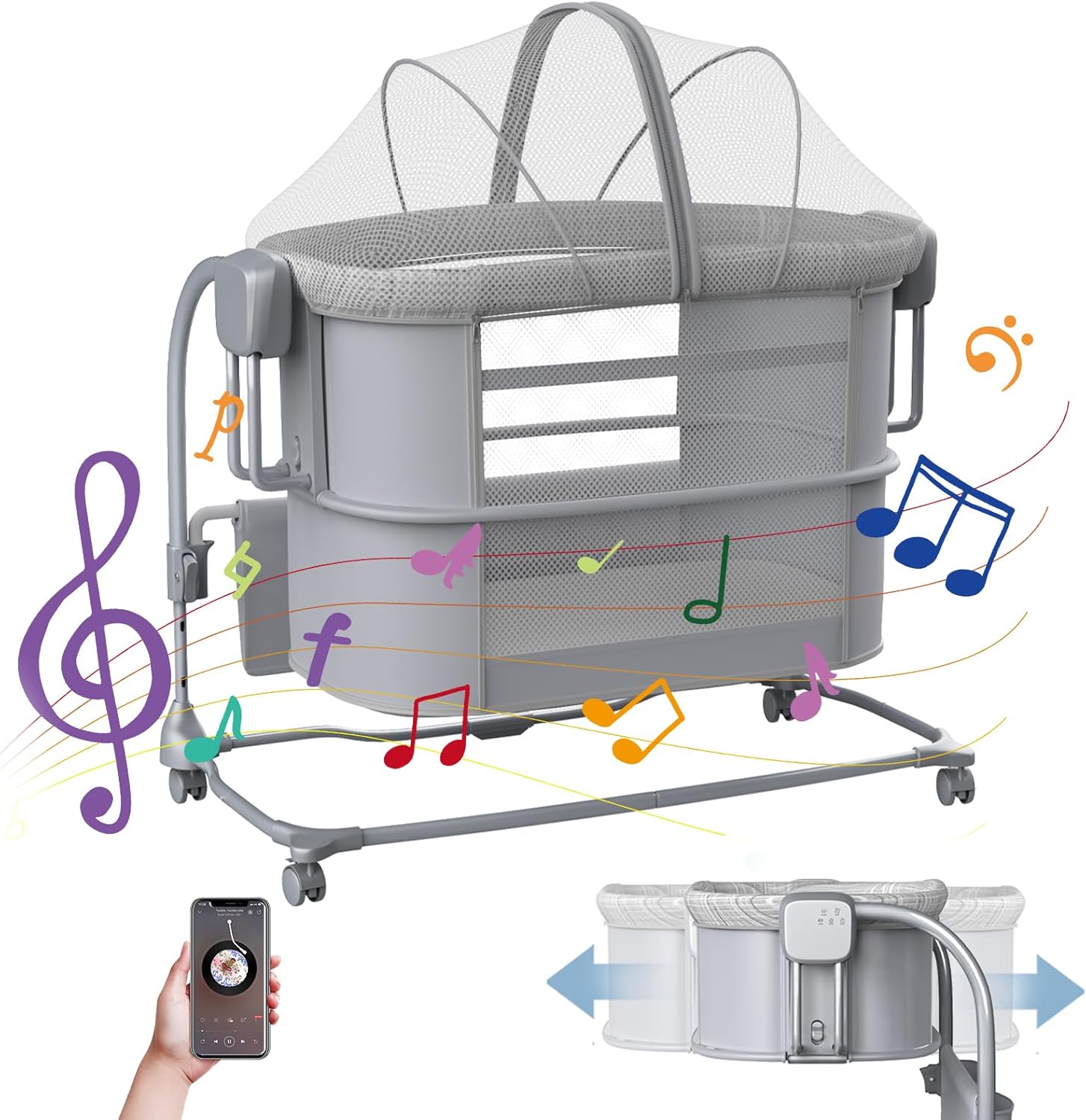 Electric Baby Bassinet, Rocking Bassinet for Baby, 5 and 1 Bassinet Bedside Sleeper for Newborns with 4 Adjustable Times and 5 Adjustable Tempos,Automatic Bedside Bassinet with Remote Control Grey