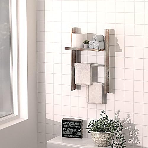 Miniatura 2 de J JACKCUBE DESIGN Toallero de pared de madera rústica con estante, escalera de manta para baño, soporte de toallas de mano de cocina, colgador de