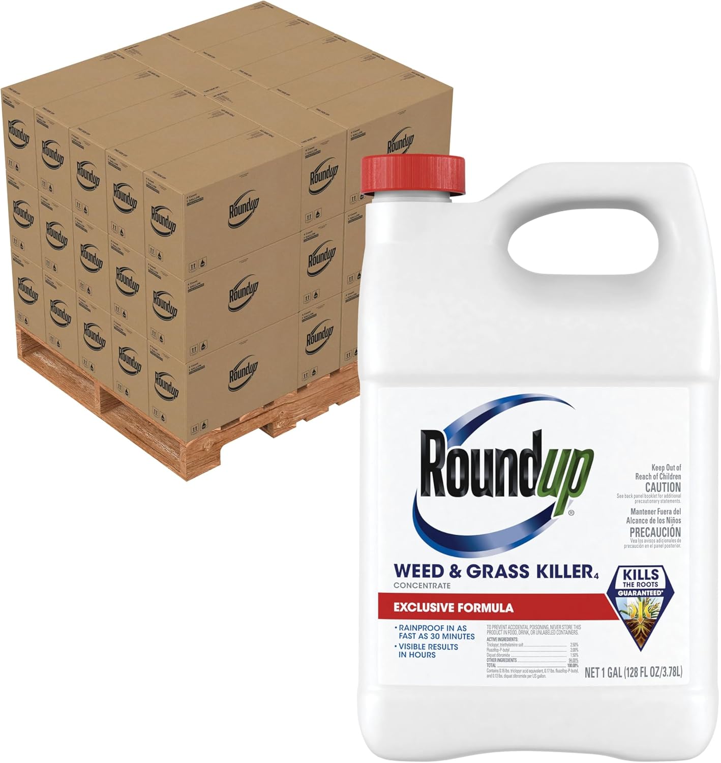 Roundup Weed and Grass Killer4 Concentrate Bulk Pallet, Use in and Around Flower Beds, Walkways, and Other Areas of Your Yard, 1 gal., Pallet of 144