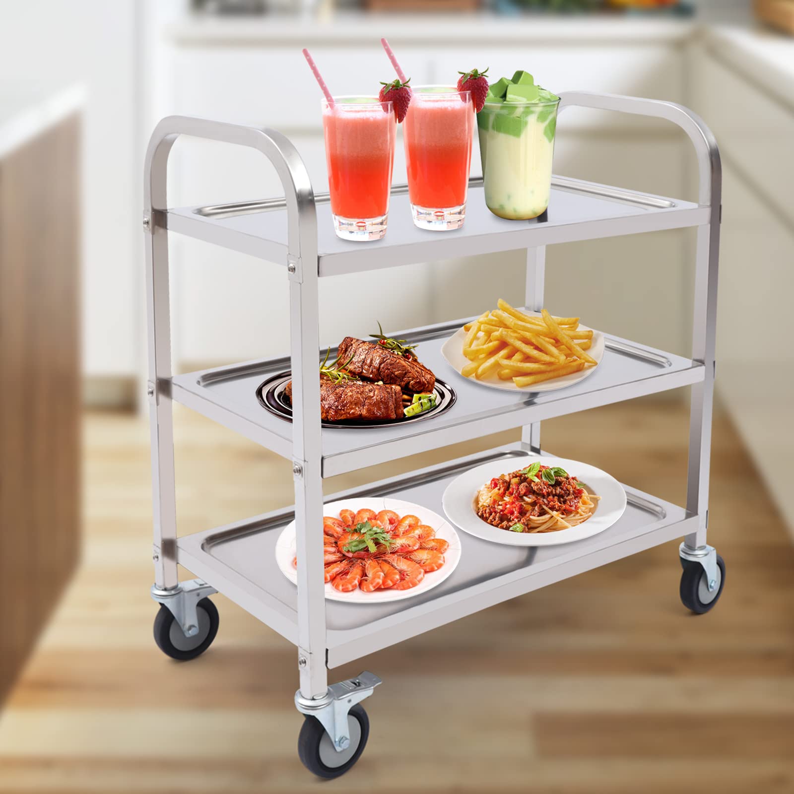 Carrello di servizio a 3 ripiani in acciaio inox, carrello da cucina, carrello per alimenti, carrello con freno, carrello per ristoranti, biblioteche, cucina, soggiorno, camera da letto, 85 x 45 x 90