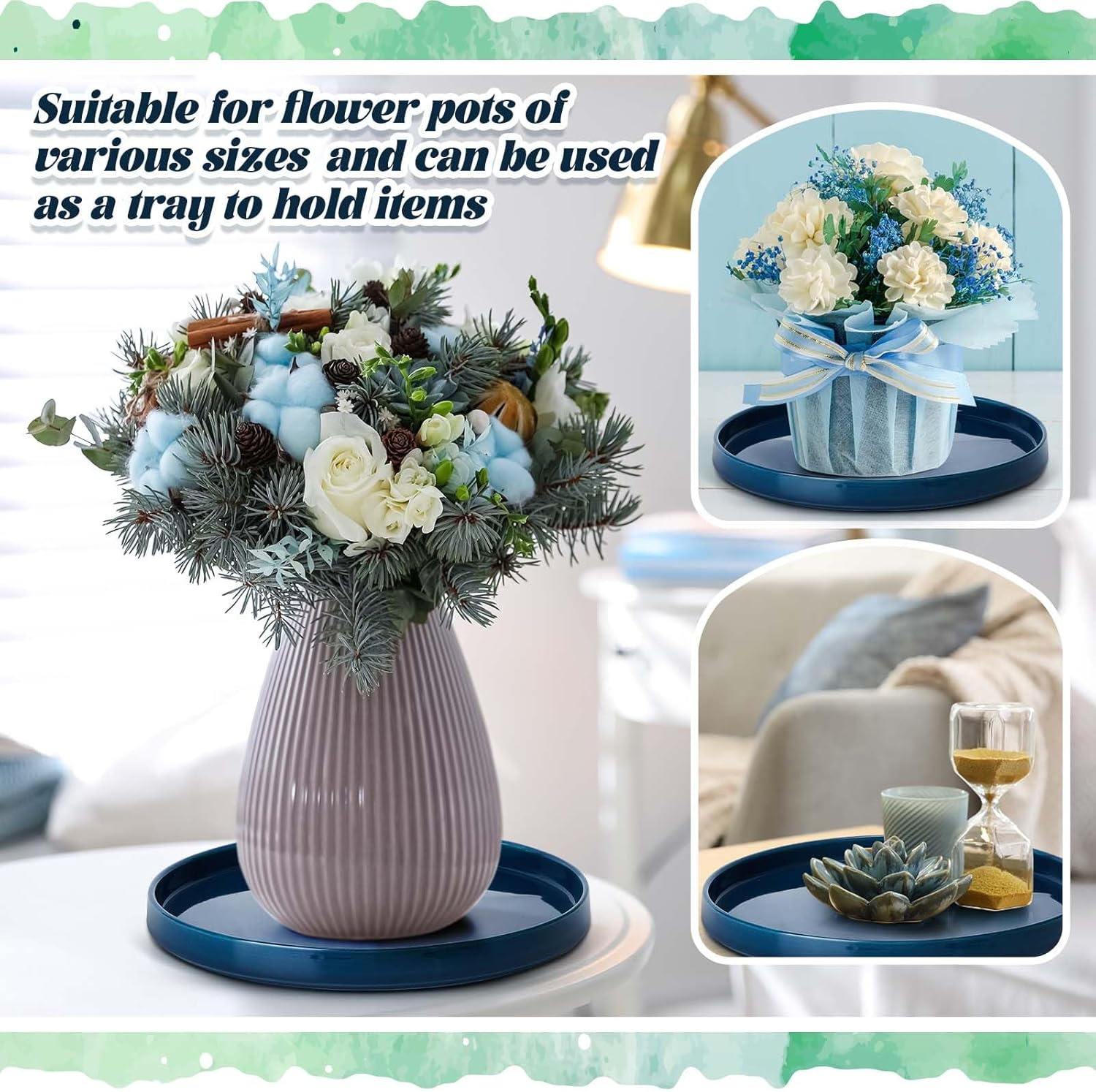 2 Pcs 8 Inch Ceramic Plant Saucer Outdoor Indoor Plant Tray Round Flower Pot Drip Trays Blue Flower Drainage Tray Glazed Pots Base for Holding Water Drips and Soil - Image 4