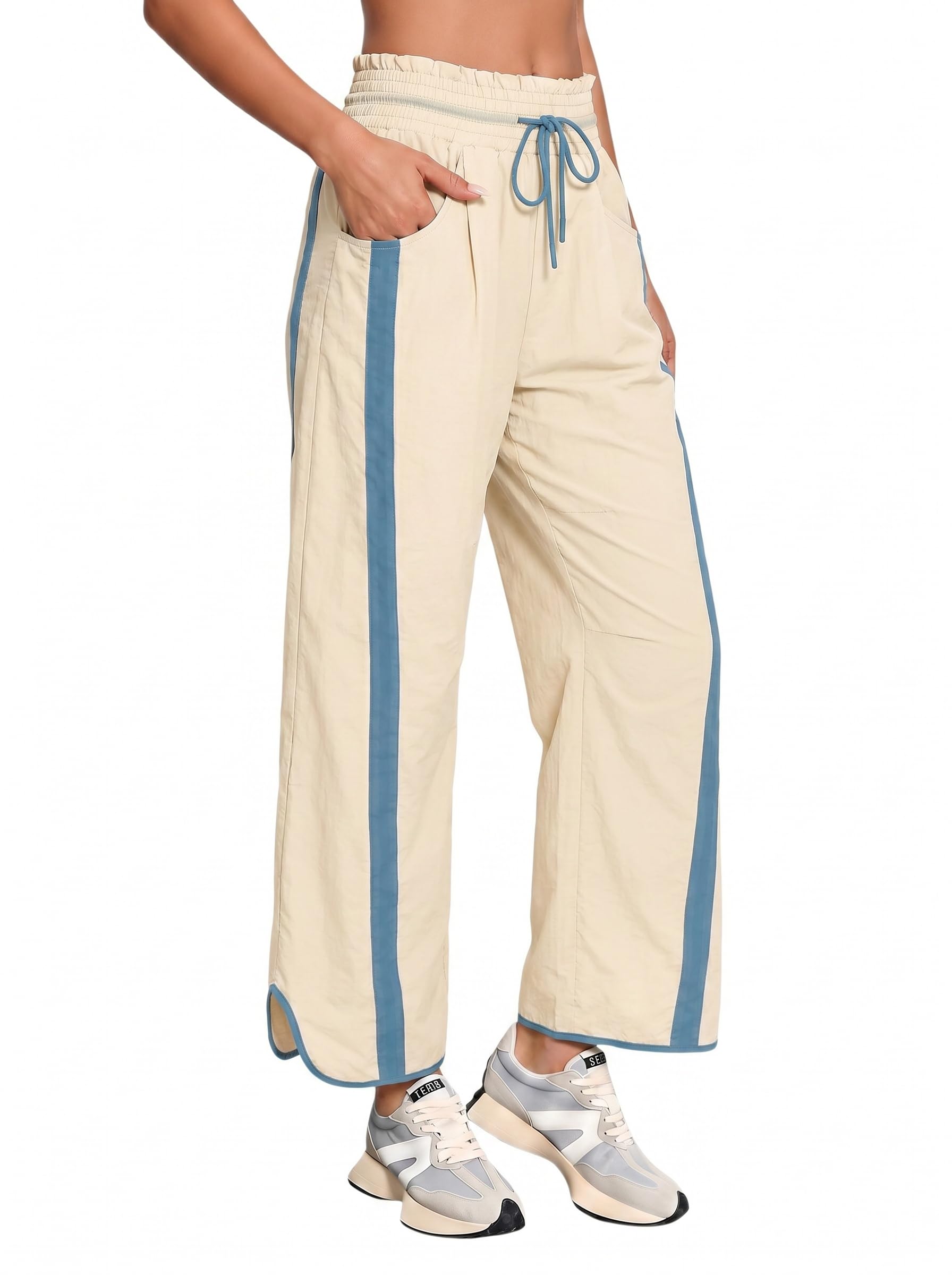 Fisoew Pantalones de mujer con pierna ancha y cintura elástica holgados Y2K con cordón Pantalones de entrenamiento de colores contrastantes Pantalones de ocio con bolsillos