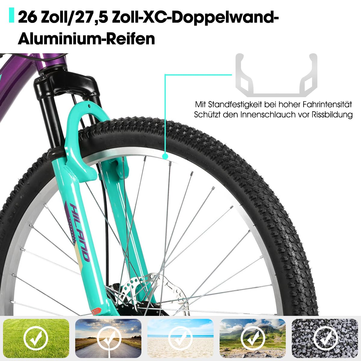HILAND Mountain Bike Donna 26/27,5”, Telaio in Alluminio, MTB 18 Velocità per Donna e Ragazza, Freni a Disco Doppi, Forcella Ammortizzata, Verde Menta/Viola