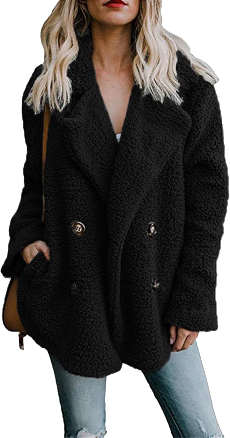 DIACACY Womens Fleece Jacket Fuzzy Long Sleeve Shearling Winter Coats Button Down Sherpa Jacket Outerwear with Pockets