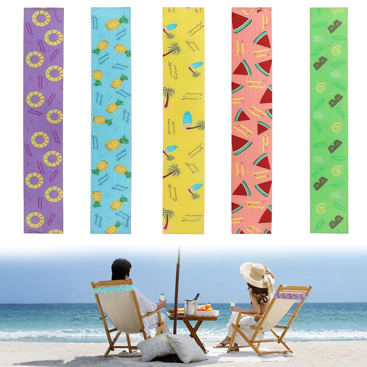 Koprek Assorted 5 Pcs Beach Towel Bands For Sun Loungers, Elastic Windproof Sunbed Straps, Towel Bands For Beach, Non-Slip Towel Holders For Pool & Cruise Chairs, Colorful Reusable Beach Accessories (30×5Cm)