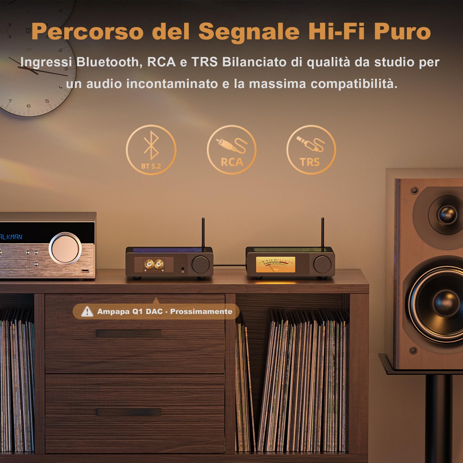 D1 Amplificatore Bluetooth: Amp Stereo con BT 5.2 | HPF | VU Meter Digitale | Pre-Out sub | Ingresso TRS Bilanciato | Controllo del Tono e Telecomando per Home Theater e Sistema di Scaffali