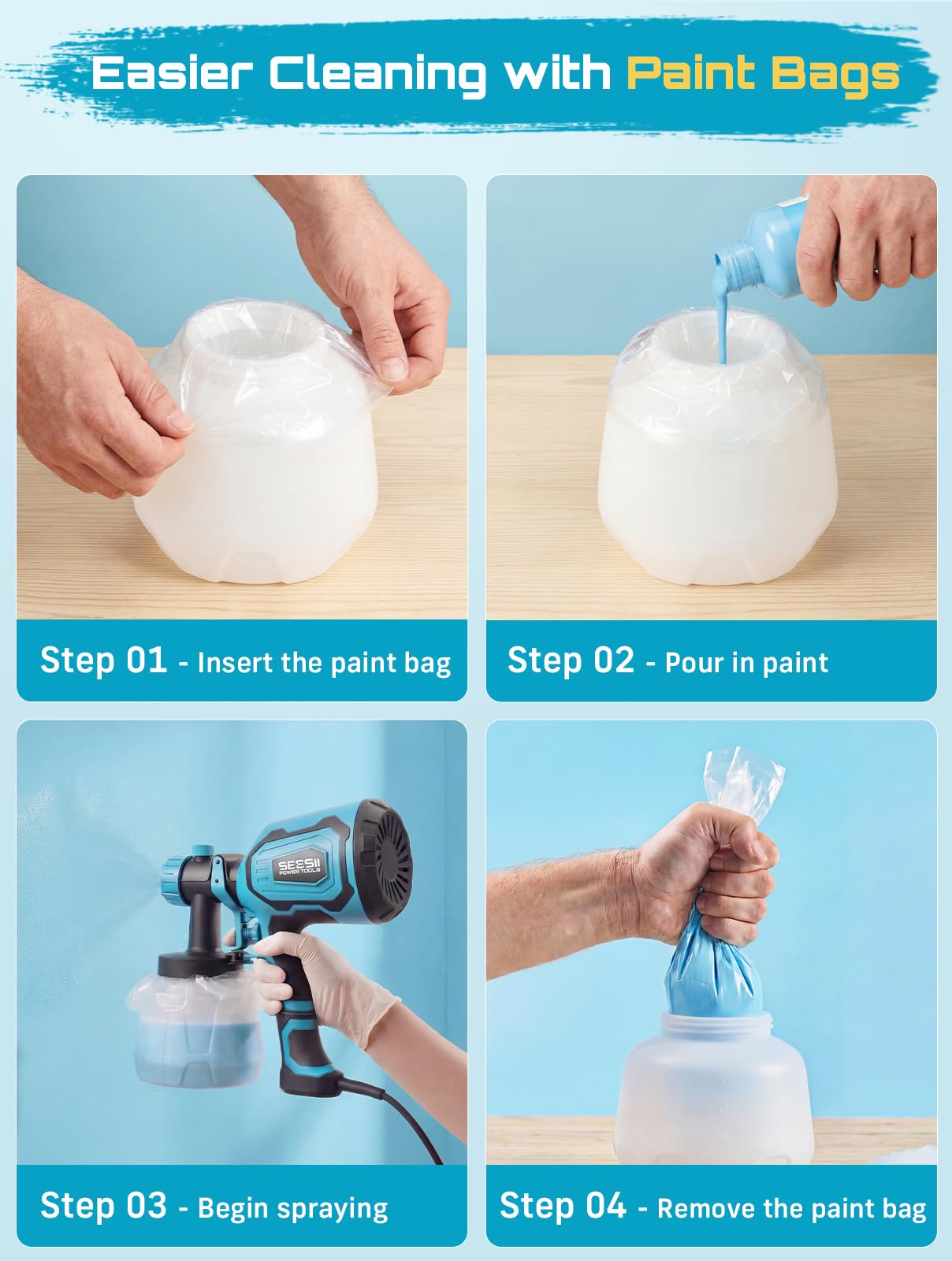 Seesii Paint Sprayer,1400ML HVLP Paint Gun with 4 Nozzles and 3 Patterns, 5 Paint Bags, Easy Clean & Adjustable Flow, Sprayer Gun for House Painting, Furniture, Cabinets, Walls, Fence, DIY Projects — view 4