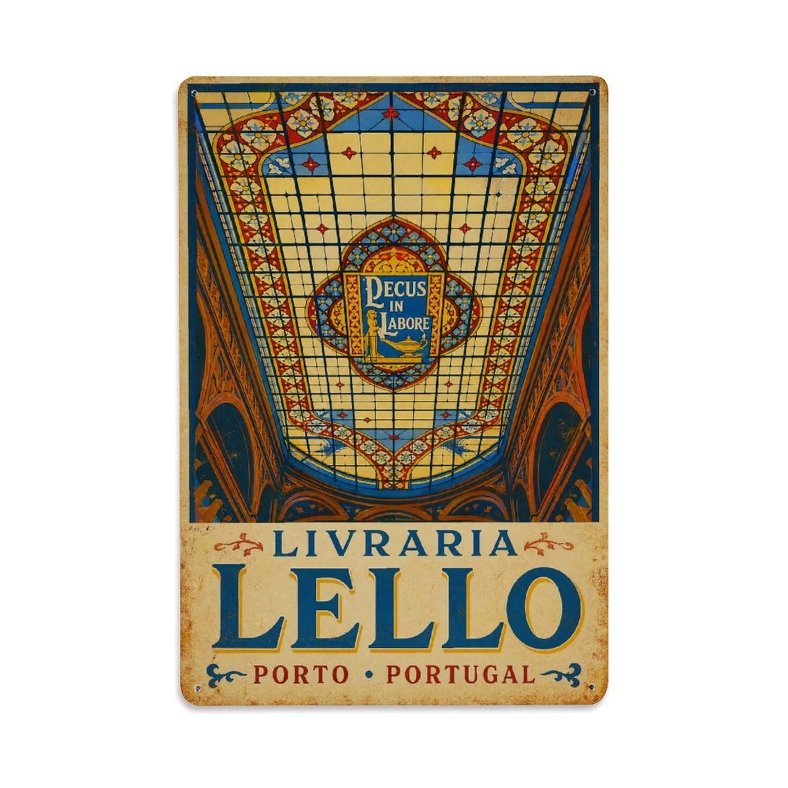 Vintage Travel Lello Bookstore Stained Glass Ceiling Detail Portugal Metal Tin Sign Wall Decor for Cafe, Club, Garden Metal Poster 8x12Inch