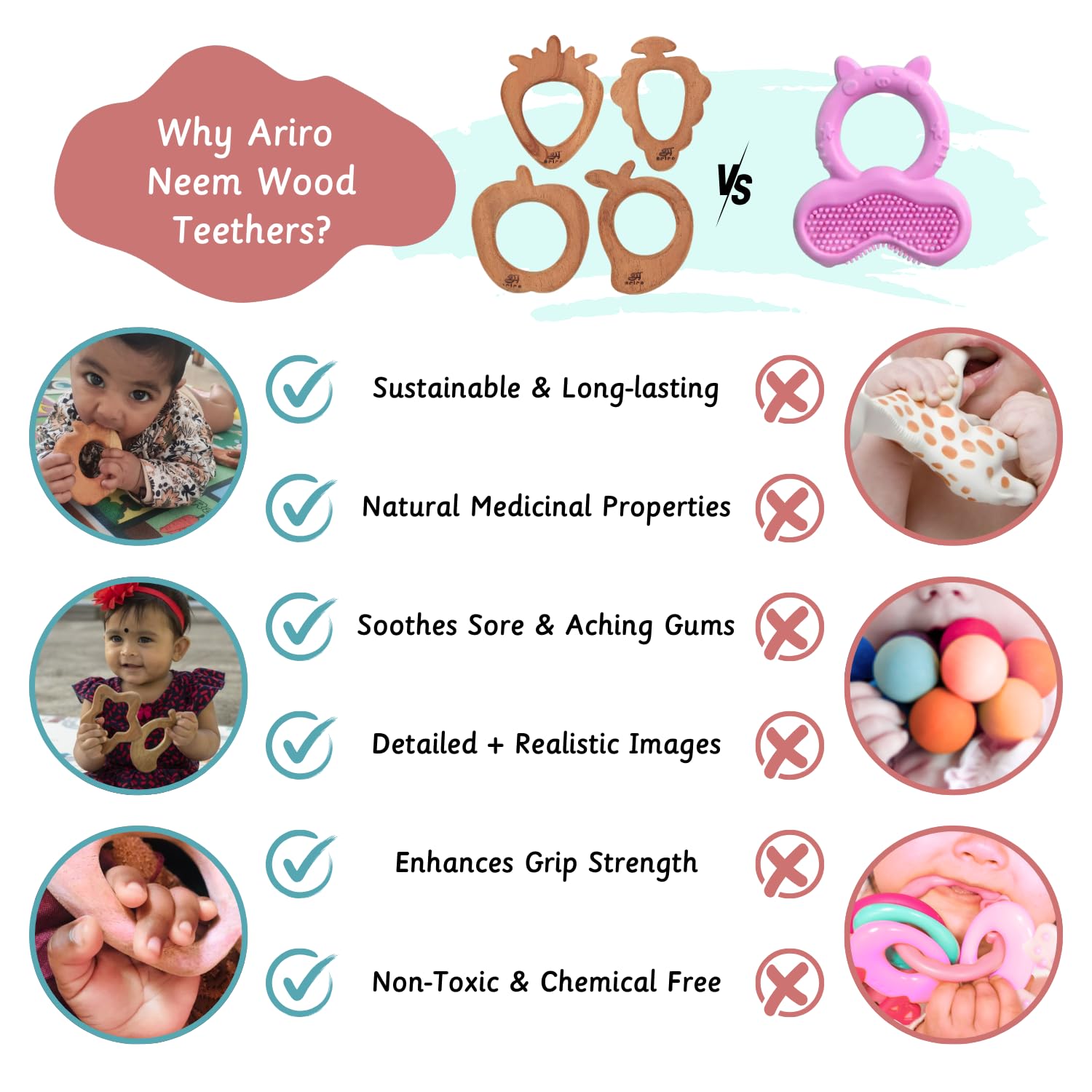 Ariro Wooden Teethers Fruit Shaped for Baby Boy & Girl | Hand Crafted with Organic Neem Wood That Helps Boost Immunity & Aids in Digestion | Easy to Grasp & Chew - Image 6 thumbnail