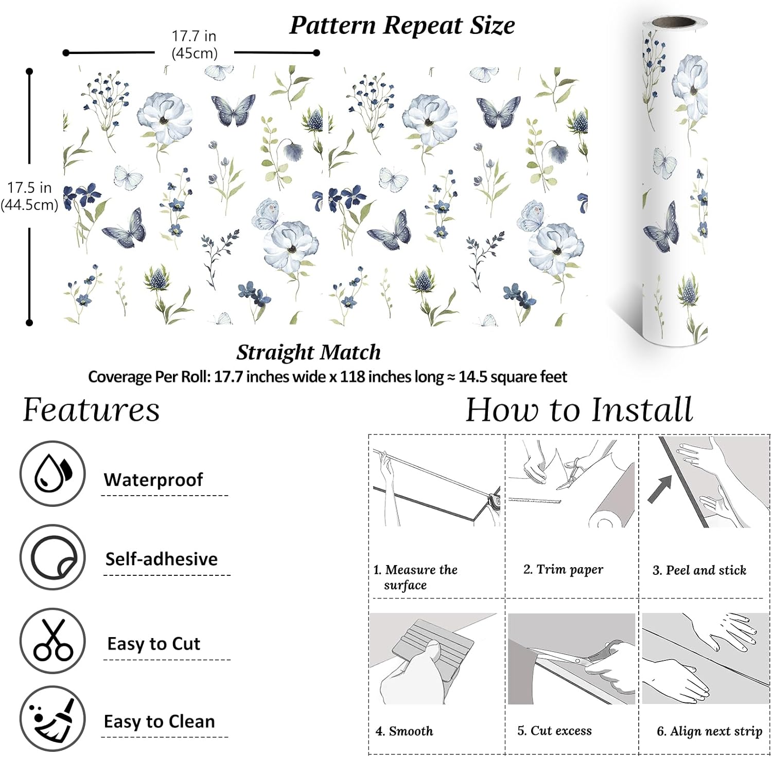 VEELIKE Watercolor Floral Wallpaper Peel and Stick Removable Blue Butterflies Flower Wallpaper for Bedroom Bathroom 17.7''x118'' Prepasted Vintage Floral Contact Paper for Cabinets Drawers Walls