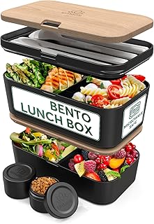 Umami Bento Box Adult Lunch Box, Space-Saving Nestable Design w/4 Utensils, Sauce Jar, Leakproof Bento Lunch Box, Dishwash...