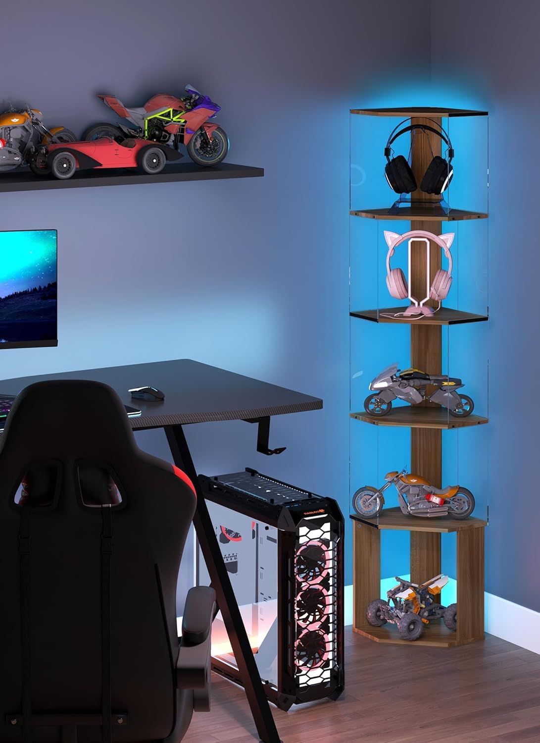 Quikraen 6 Tier Corner Display Rack with Light Clear Arylic Shelves 63in Tall Cabinet with Dimmable LED Light for Corner Display Shelf with Doors and Vanity Organization Shelves Corner