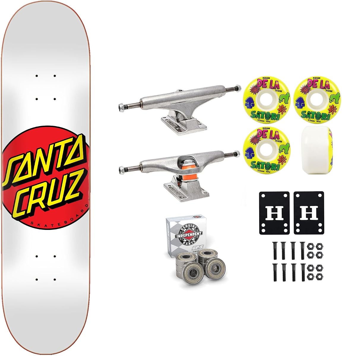 Santa Cruz Professional Skateboard Complete with Independent Trucks, Satori Wheels, Independent Bearings, Mounting Hardware, and Risers - Premium Assembly Kit