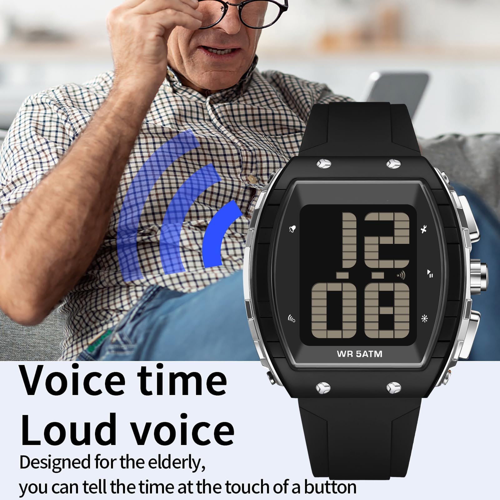 Relojes digitales para hombres mayores, reloj blanco con voz de habla grande con retroiluminación LED de habla inglesa, número grande, fácil de leer, temporizador, alarma, 5 ATM, resistente al agua