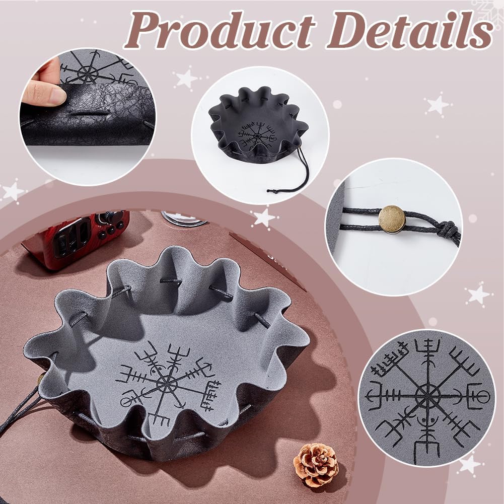 WADORN 2Pcs Dice Tray Circle Drawstring Bags Rolling Drawstring Dice Bags with Compass Pattern for Jewelry Keys, Rolling Bag Dices Tray Storage Case Pouches Holder for RPG Players Tabletop Gamer