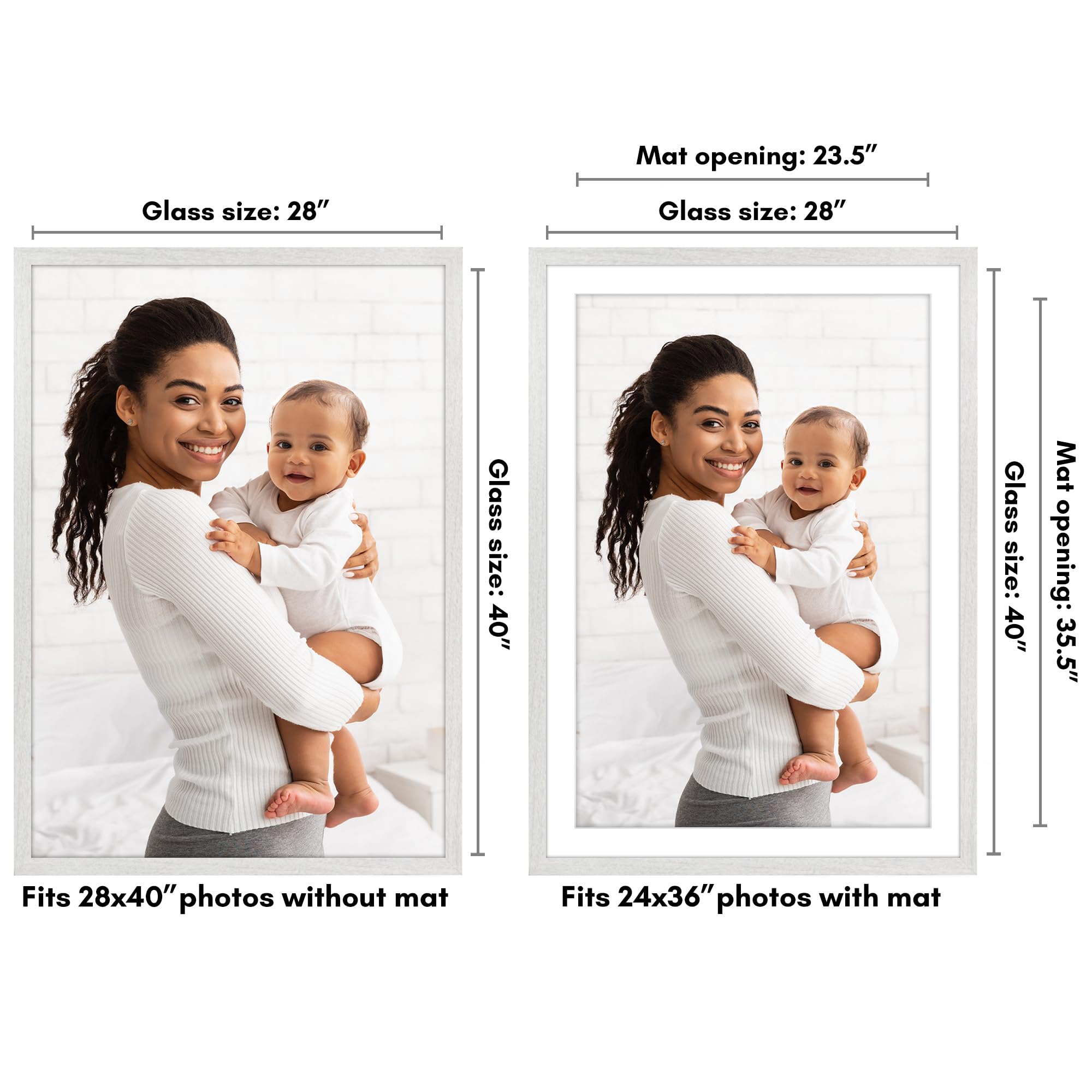 americanflat 28x40 picture frame in white - use as 24x36 picture frame with mat or 28x40 frame without mat - wide engineered wood frame, plexiglass cover, and hanging hardware for wall