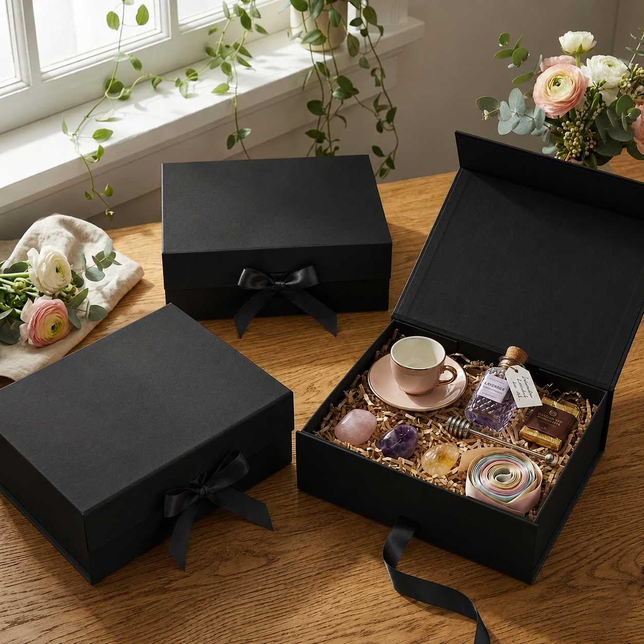 Emartbuy Schwarze magnetische Geschenkbox mit Schleife, 20 cm x 18,2 cm x 8 cm, 5 Stück
