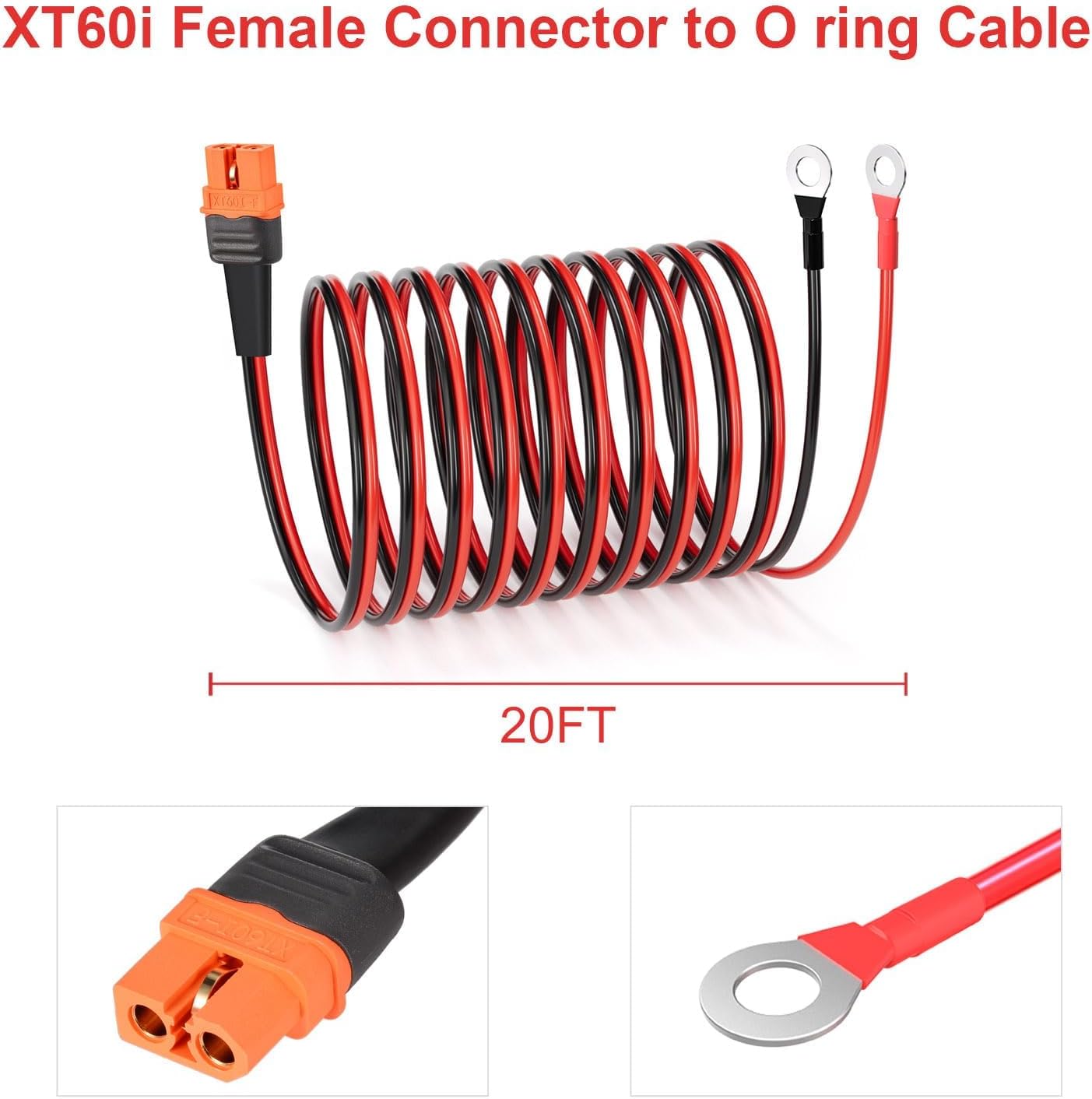ELFCULB XT60i to O Ring Terminal Cable,12AWG XT60i Female to O Ring Connector with Tinned Pure Wire for RC Battery Solar Portable Power Power Station and Solar Panel(20FT)
