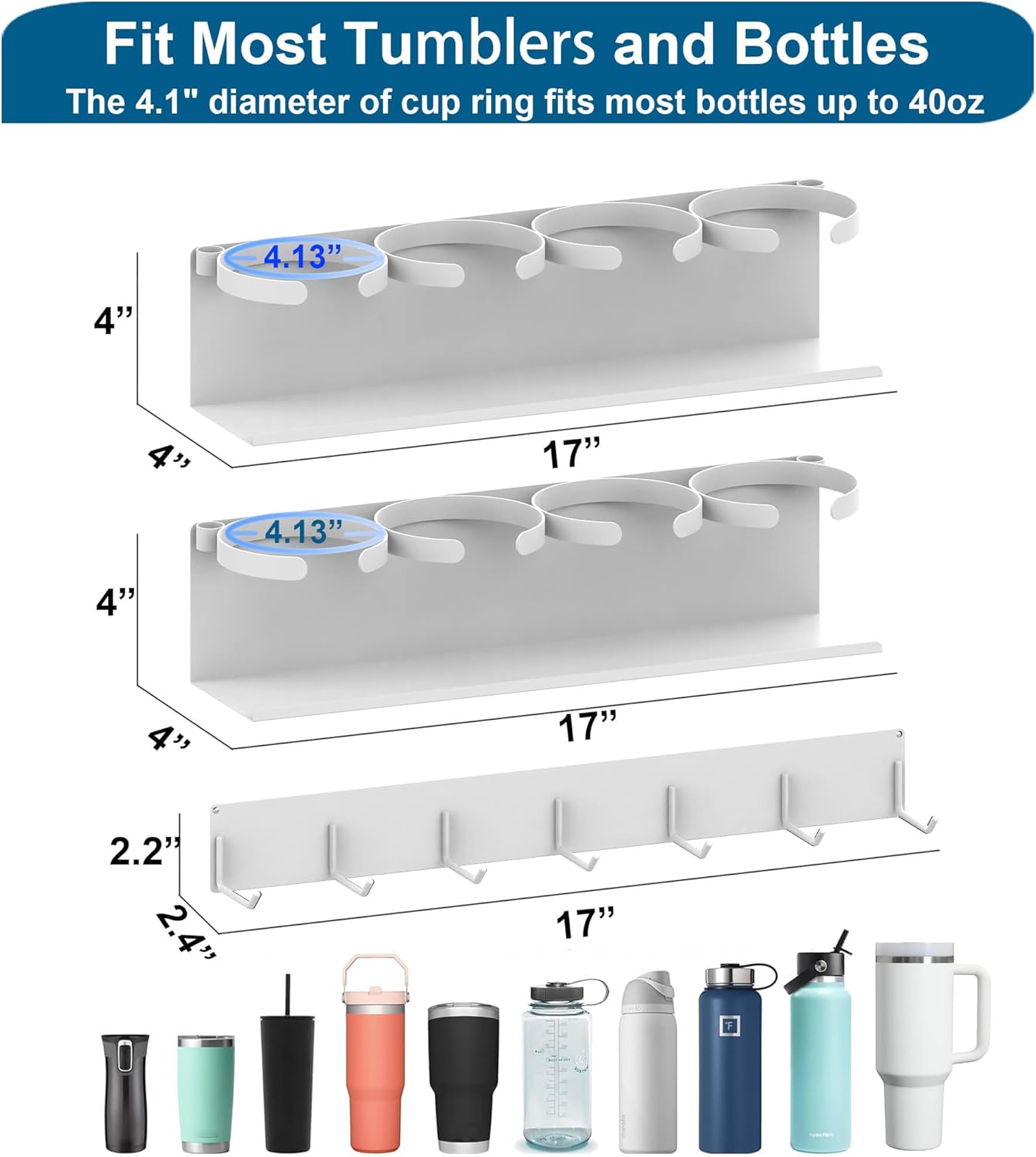 EASTTOWEST Magnetic Cup Holder for Fridge 8 Slots Universal Water Bottle Organizer Rack with Hooks for Stanley Owala Yeti Tumbler up to 40oz(2x4-CUPS White)