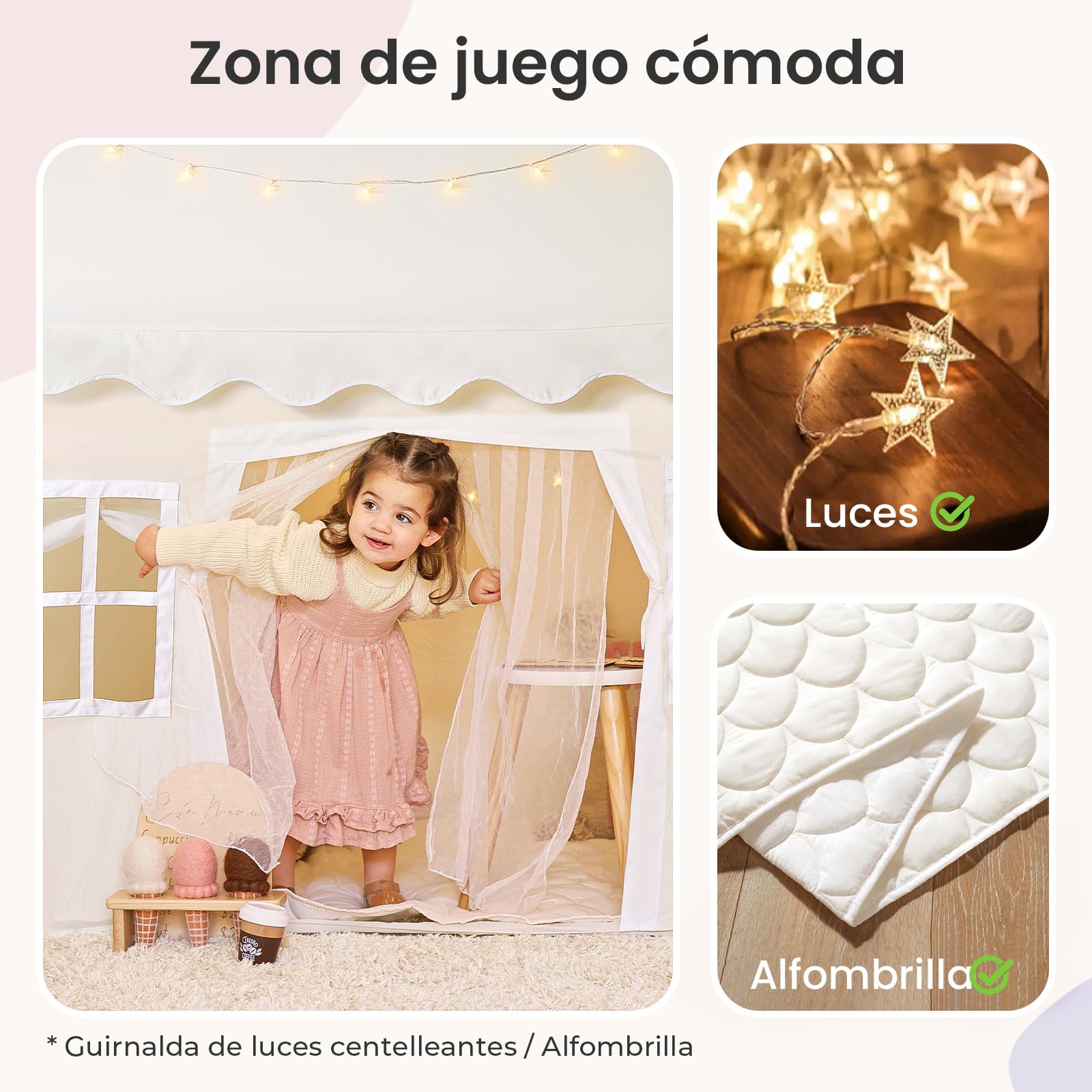 Tiny Land Tienda de Campaña Infantil con Tapete Suave y Luces, Casita Infantil de Tela Lavable, Rincón de Lectura para Dormitorio, Regalo para Niños y Niñas 3-13 Años - 133x90x136 cm