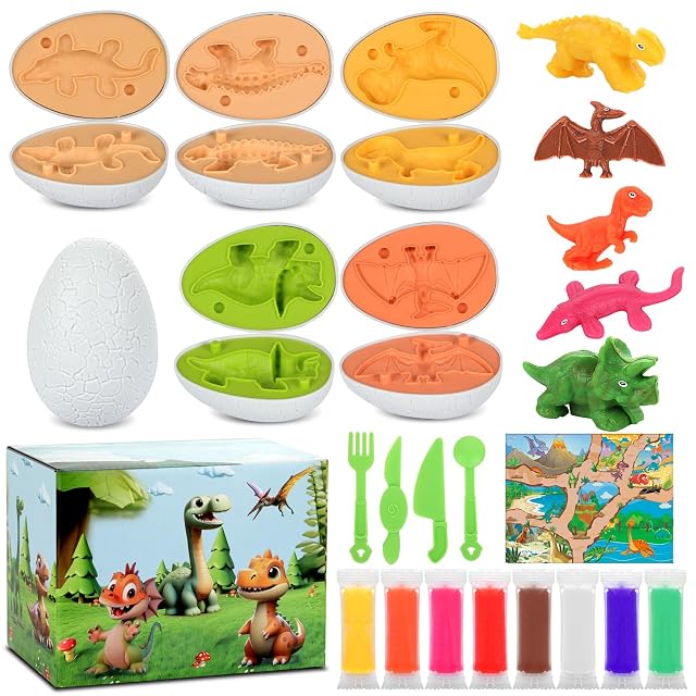KOMABLEN 18 Piezas Juego de Plastilina Niños, Dinosaurios Juguetes Set Plastelina con 5 Moldes Plastilina