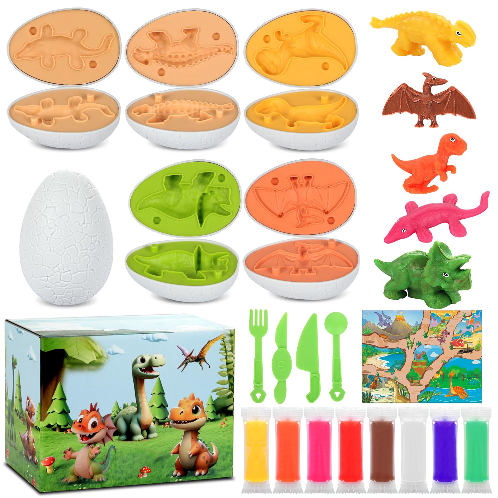 TenaLucy Kit Pâte à Modeler Dinosaure – 15 Pièces – Moules, Argile Et Couteaux – Dès 3 Ans – Boîte 16,5 Cm