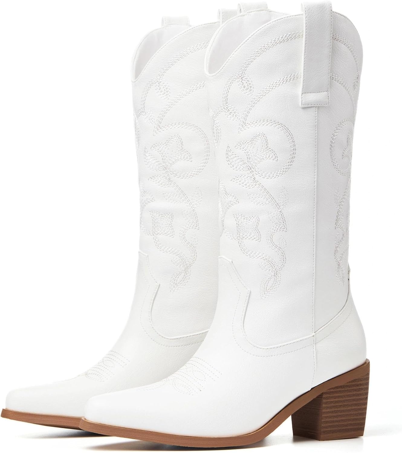 Cowboy Boots for Women Wide Calf - Cowgirl Boots with Pointed Toe and Chunky Heel for All-Day Comfort | Perfect for Country Music Festivals & Daily Wear, White