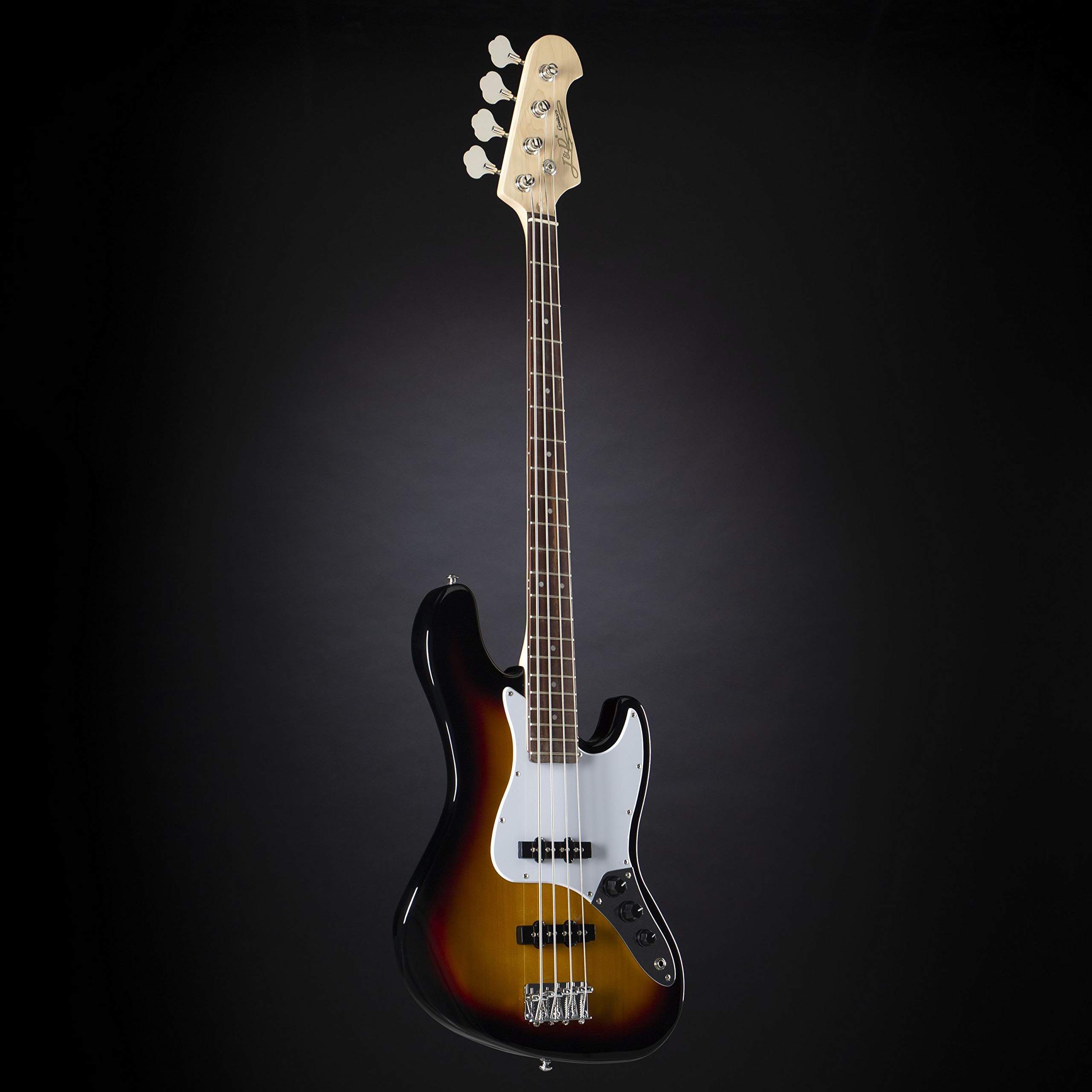 J & D E-Bass, Bass Gitarre mit 4 Saiten und Linde Korpus, JB Bass mit 2 Single Coil Tonabnehmern und passiver Elektronik, 3-Tone Sunburst