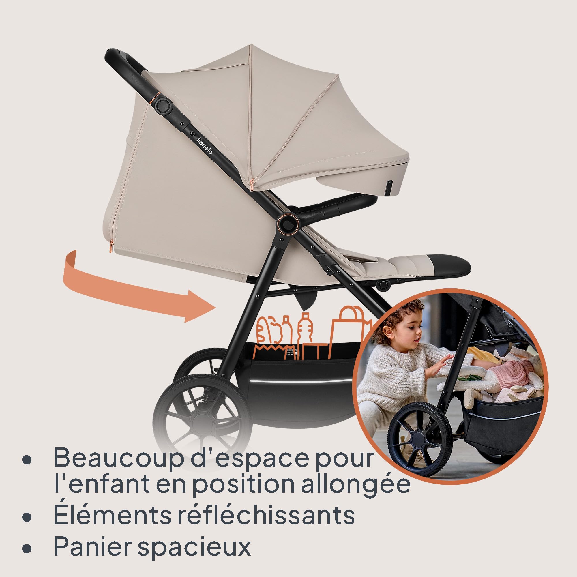 LIONELO IVA Poussette Canne Jusqu'à 22 kg de 6 m à 4 ans Roues Pivotantes à 360° Amortissement Total des Chocs Dossier et Auvent Réglables en Hauteur XXL UPF50+ Tissu de Qualité Supérieure (Beige)