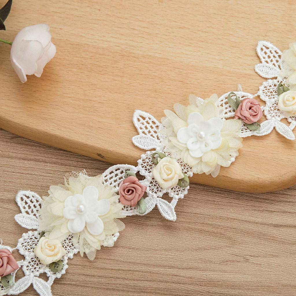 WLNEXT 1 Yard Rose Flower Embroidery Lace Trim Ribbon Pearl Beaded Sewing Applique C