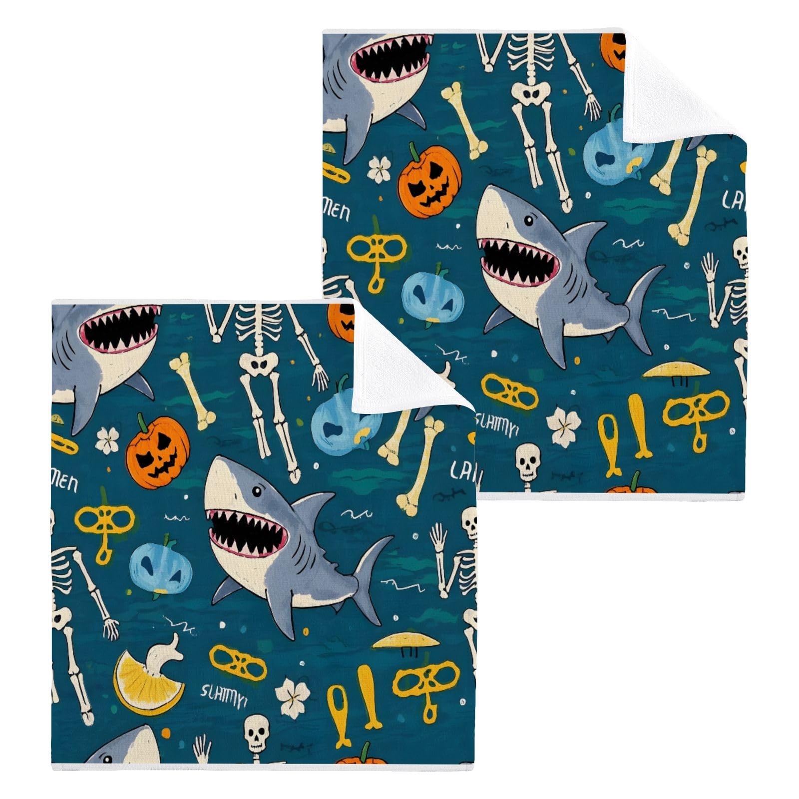 ALAZA Wash Cloth Set 100% Cotton Fingertip Towels Face Cloths Sets Shark Skeleton Highly Absorbent Soft Feel Set of 2