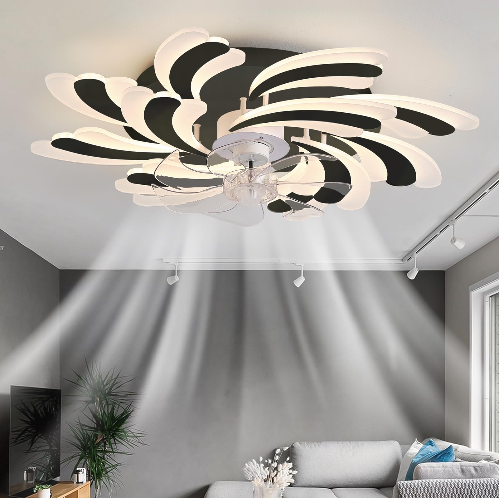 Ventilateur de plafond pour chambre et salon avec plafonnier LED au motif floral élégant