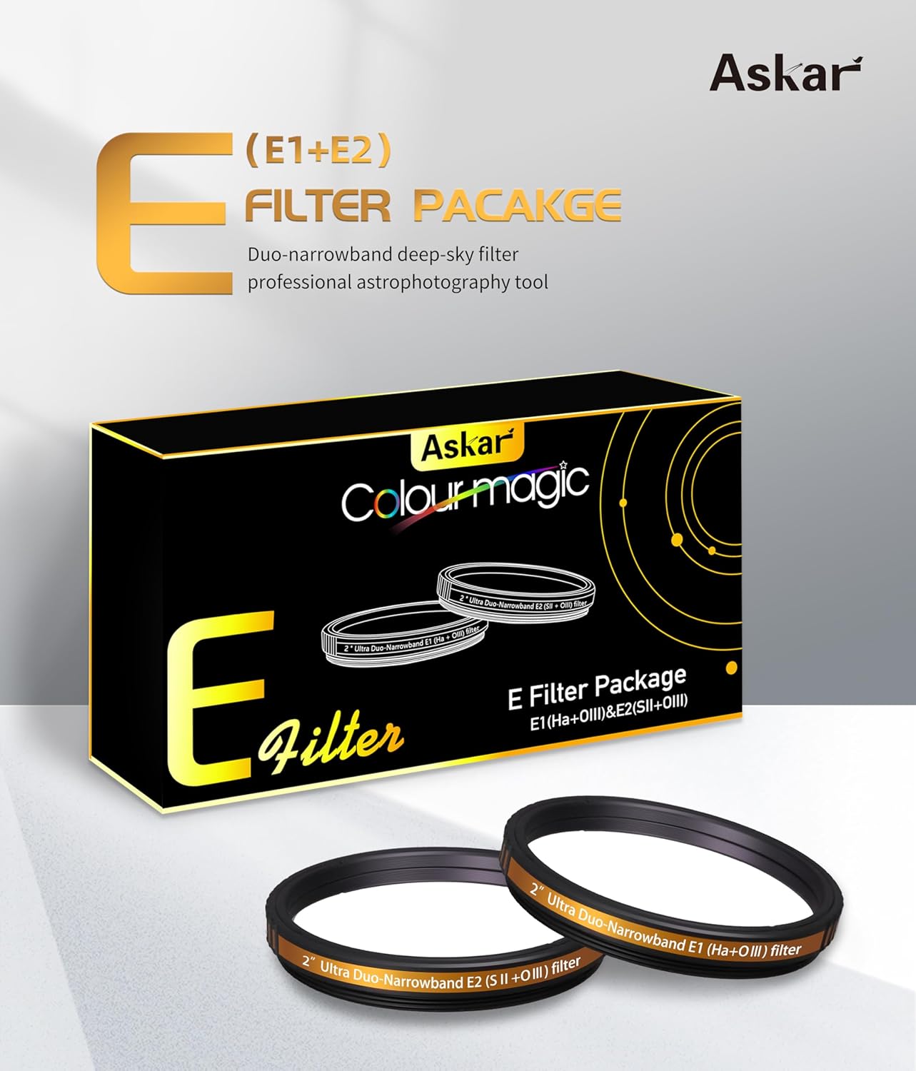 Askar Colour Magic Ultra E 2" Narrowband Duo-Band Filter E1+E2 Package Set, Ha+OIII,S-II O-III, 2 Inch Nebula Filter Astrophotography Astronomy Filters,Increase Contrast and Reduce Light Pollution