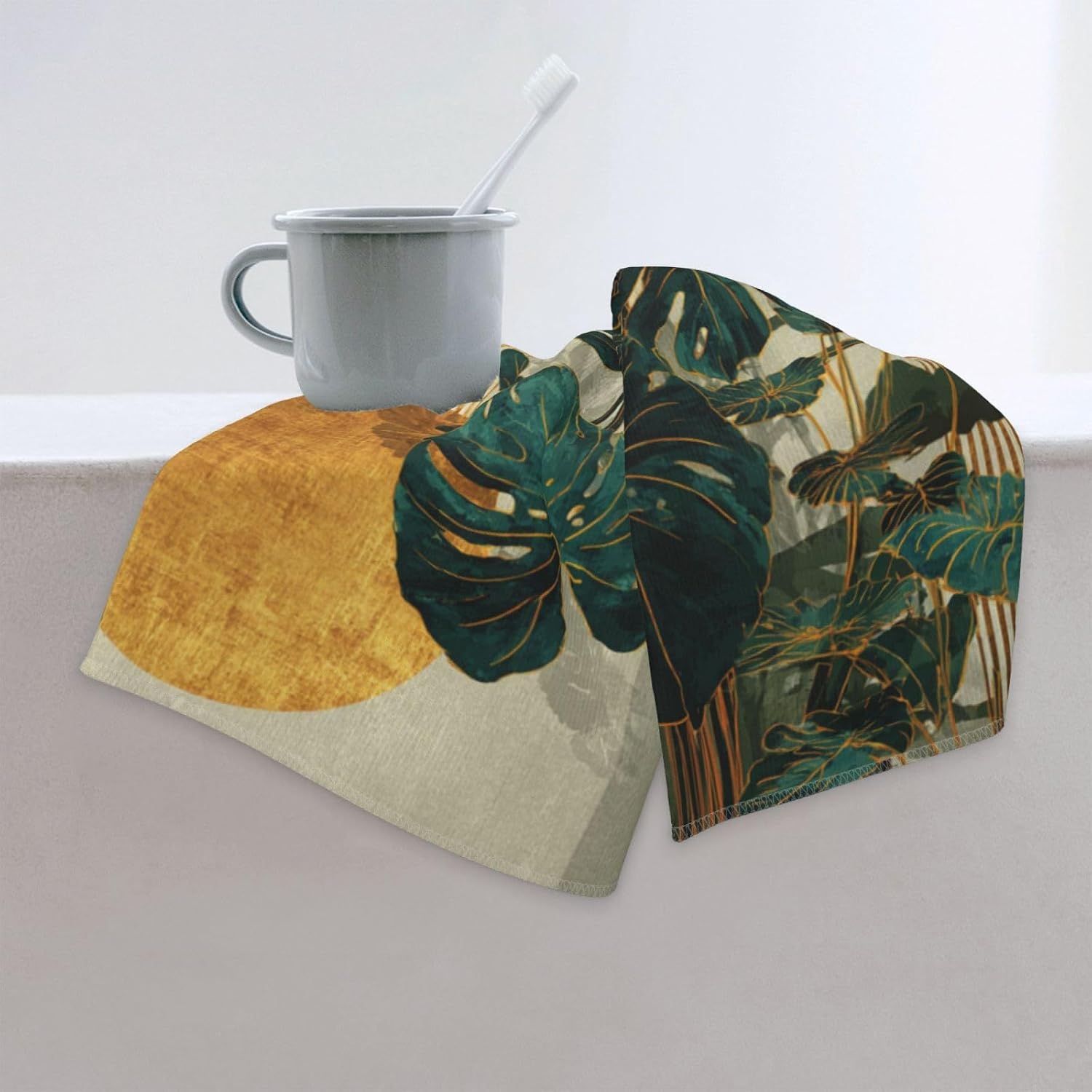 Boho Green Leaf Hand Towels Set of 2, Mid Century Modern Abstract Botanical Decorative Towels, Soft Lightweight Microfiber Absorbent Quick Dry Fingertip Towels for Bathroom Kitchen Spa Gym Home Decor