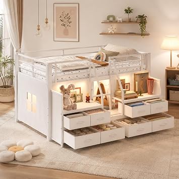 Low Loft Bed Full Size with 8 Storage Drawers, Full Loft Bed with LED Light