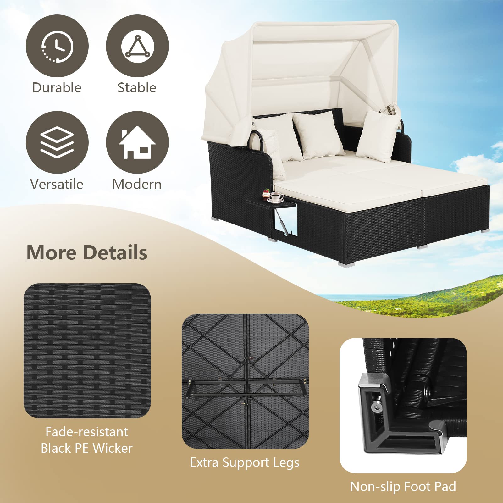 Giantex Sonneninsel Sonnenliege 2 Personen, Doppelliege Outdoor Gartenliege mit faltbarem Sonnendach, Liegeinsel mit klappbaren Tablett & Kissen, Gartenlounge Gartenmuschel Daybed Outdoor