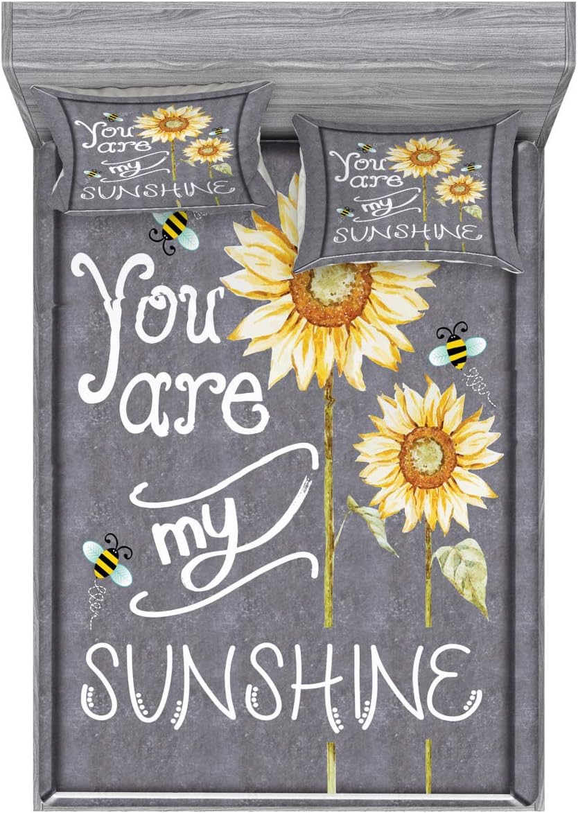 Lunarable You are My Sunshine Fitted Sheet & Pillow Sham Set, You are My Sunshine Words on Blackboard Bees Sunflowers Vintage Image, Decorative Printed 3 Piece Bedding Decor Set, Queen, Yellow