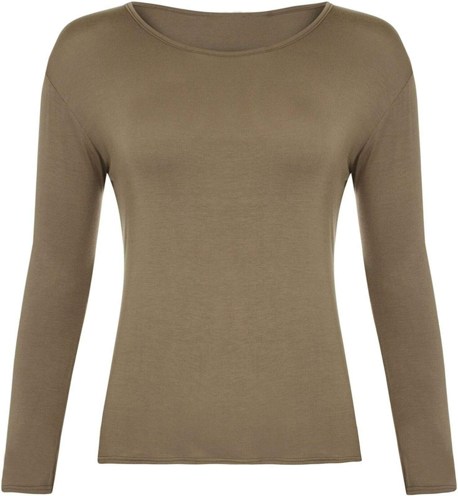 Ladies Women Basic Long Sleeve Plain Round Neck Ladies Stretch Plus Size Top T Shirt (Mocha, UK M/L)