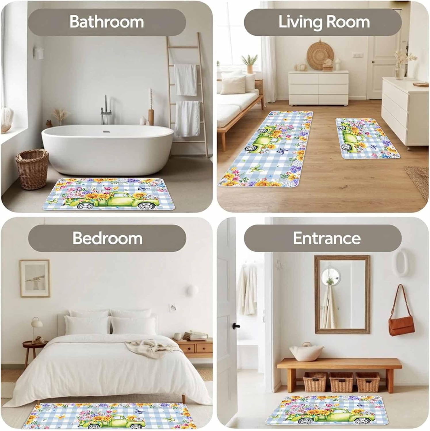 Spring Flower Green Farm Truck Kitchen Rug and Mat,Washable Floor Mats Standing Cushioned Set of 2,Floral Butterfly Blue Plaid Slip-Proof Doormat Runner Rugs for Indoor Bathroom Laundry Sink