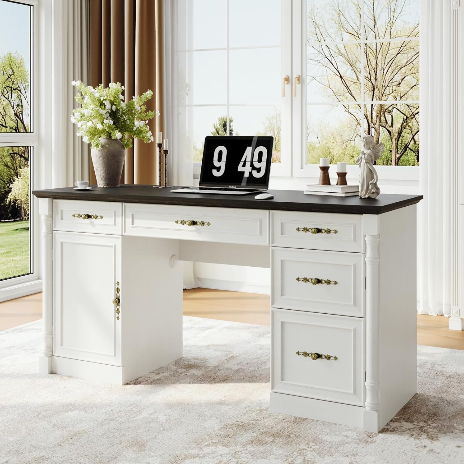 60" Farmhouse Executive Desk with Charging Station, Home Office Desk with Drawers & File Cabinet Storage, Keyboard Tray, Wood Computer Desk with Storage for Work and Study, Antique White