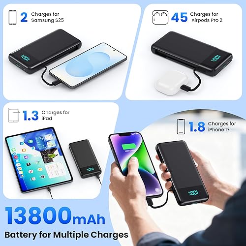 Miniatura 3 de Cargador portátil para iPhone, banco de energía delgado de 13800 mAh con cables integrados y enchufe de pared de CA, todo en uno, 4 salidas USB C,