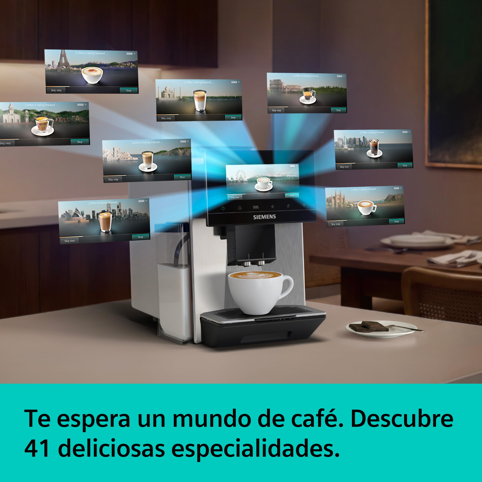 SIEMENS, cafetera superautomática, EQ900 iAroma, sabores personalizados, molienda precisa, pantalla grande para uso intuitivo, cafés personalizados, acero inoxidable, TQ923E03