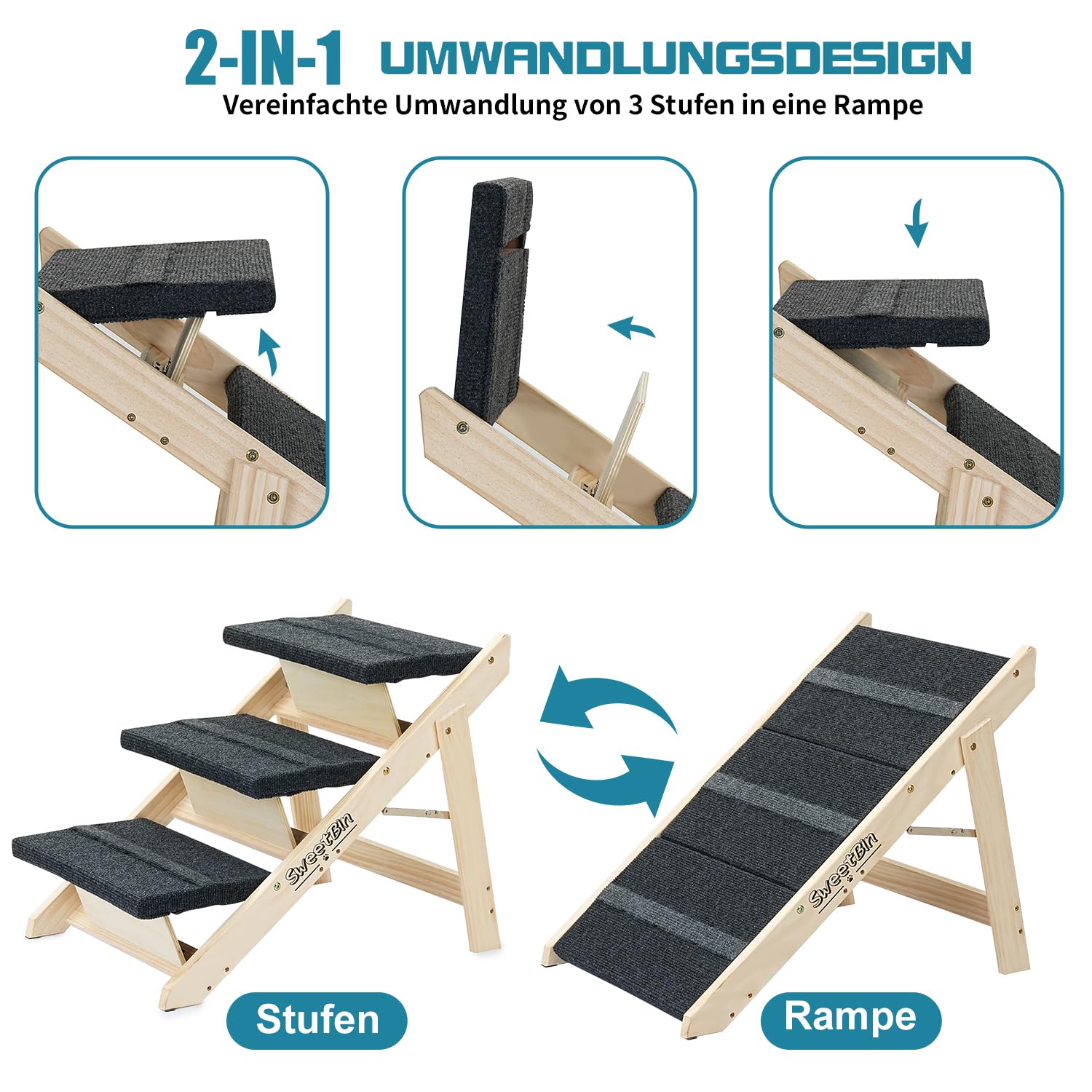 Holz-Haustiertreppe/Haustierstufen für alle Hunde und Katzen – 2-in-1 Faltbare Hundetreppe mit Teppichboden und 3 Ebenen & Rampe für Betten und Autos – tragbare Hunde-/Katzenleiter bis zu 54 kg