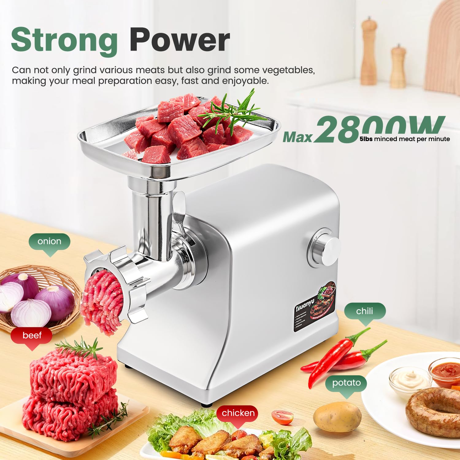 Huanyu Picadora Electrica 2800W Max Picadora de Carne Eléctrica Multifunción Picadora Electrica de Alimentos Con Embutidora de Chorizos Trituradora de Carne Para Uso Doméstico y Comercial