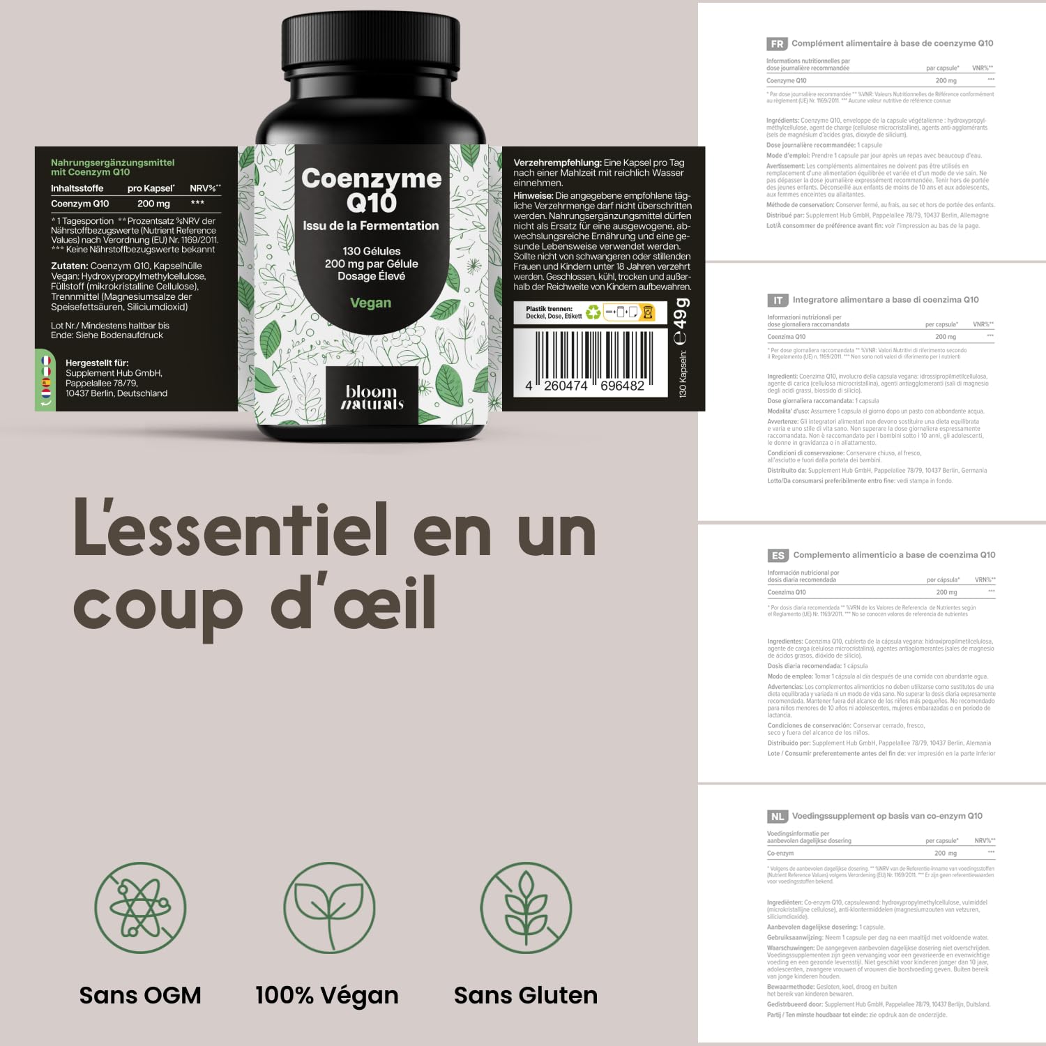 Coenzyme Q10 200mg - 130 Gélules - Issu de la Fermentation, Vegan - Produit en Allemagne - Coq10 - Testé en laboratoire