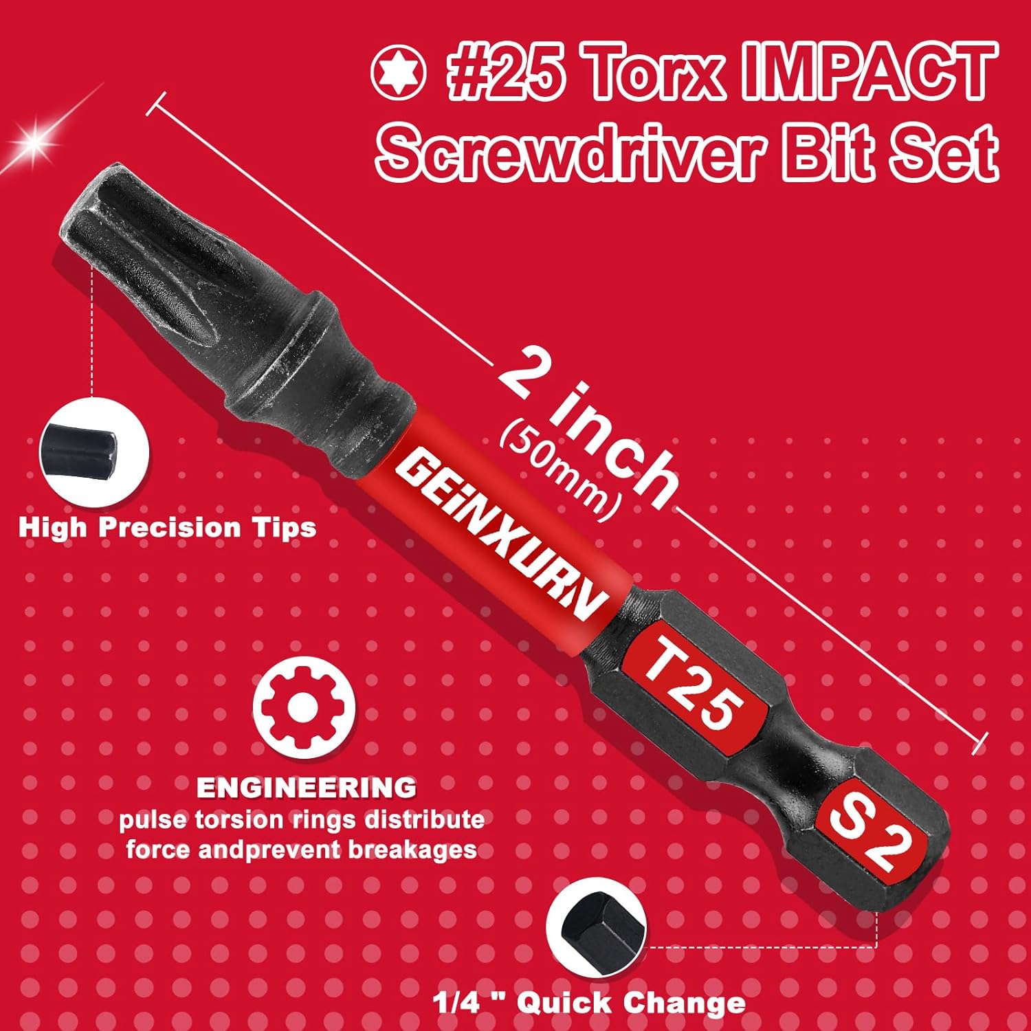 Geinxurn 30 Pieces 2 In. T25 Impact Tough Magnetic Screwdriver Bit Set, #25 Torx Head Power Bits, S2 Alloy Steel Star Bits with 1 Pc Impact Bit Holder and Storage M-Box
