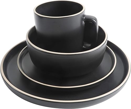 Miniatura 3 de Gibson Home Zuma - Juego de vajilla redonda de 16 piezas, platos, cuencos, tazas, servicio para 4, cerámica mate, negro