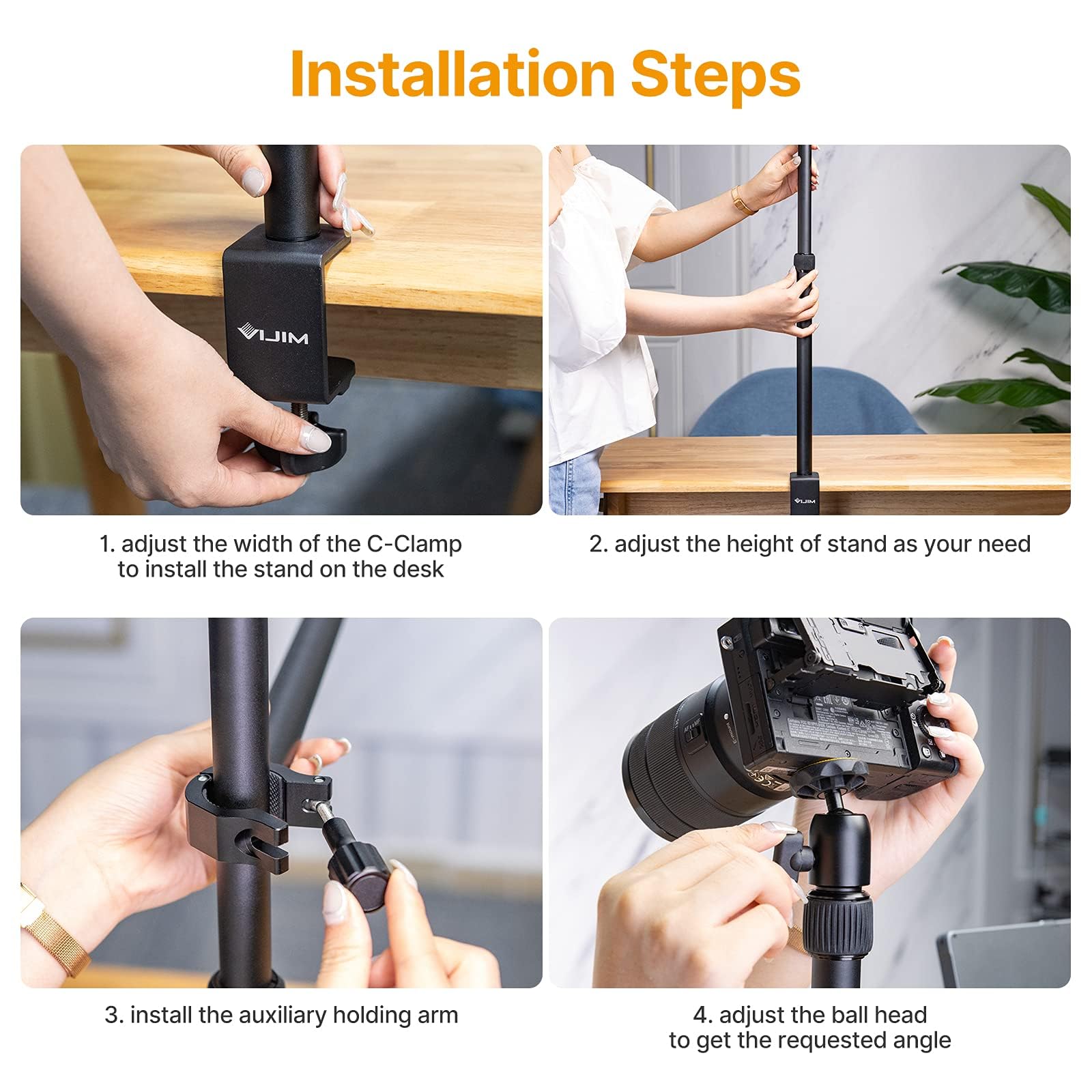 ULANZI LS02 Kamera Tischhalterung, 44cm-105cm Einstellbar, Overhead Stativ für Streaming & Gaming, Lichtstativ mit Boom Arm, Klemmstativ mit 360° Kugelkopf für Kamera/Ringlicht