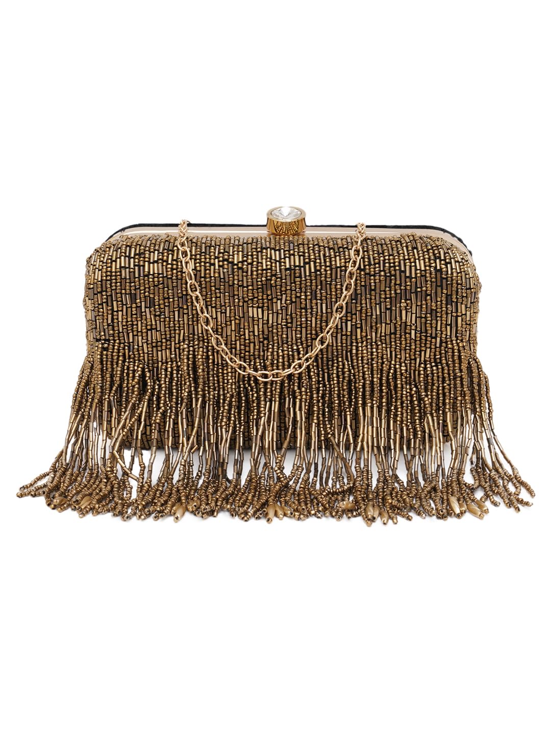 fabbhue Women's Gold Fringes Beaded Hand Embroidered Party/wedding Box Clutch Frame Bag Purse with chain strap-picture-26