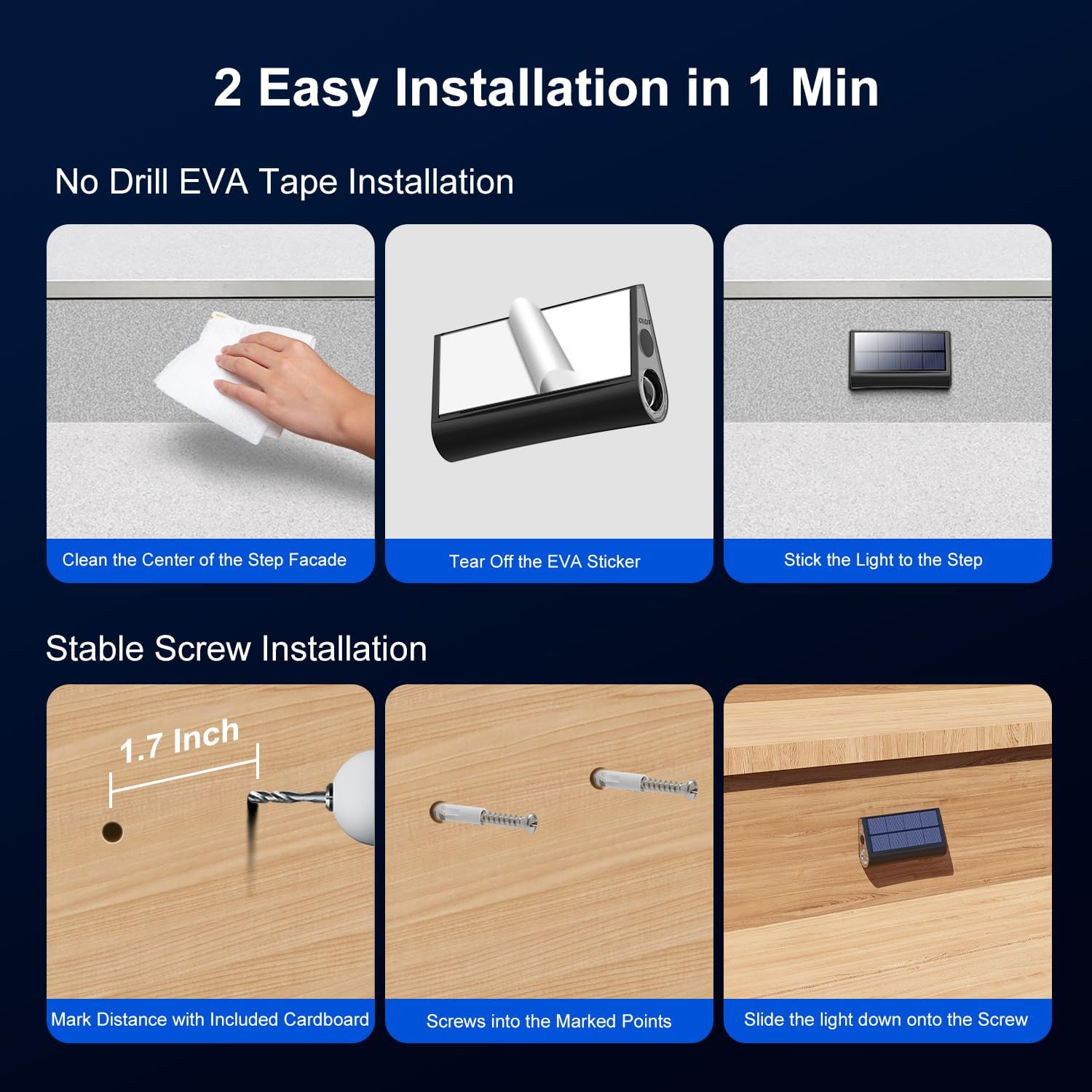 6 Pack Solar Powered Step Lights Outdoor Waterproof LED for Deck Stair Safety Outside Decorative Lamp for Yard, Patio, Porch Railing, Pathway, Fence, 2 Sided Warm White Lighting for Enhanced Security